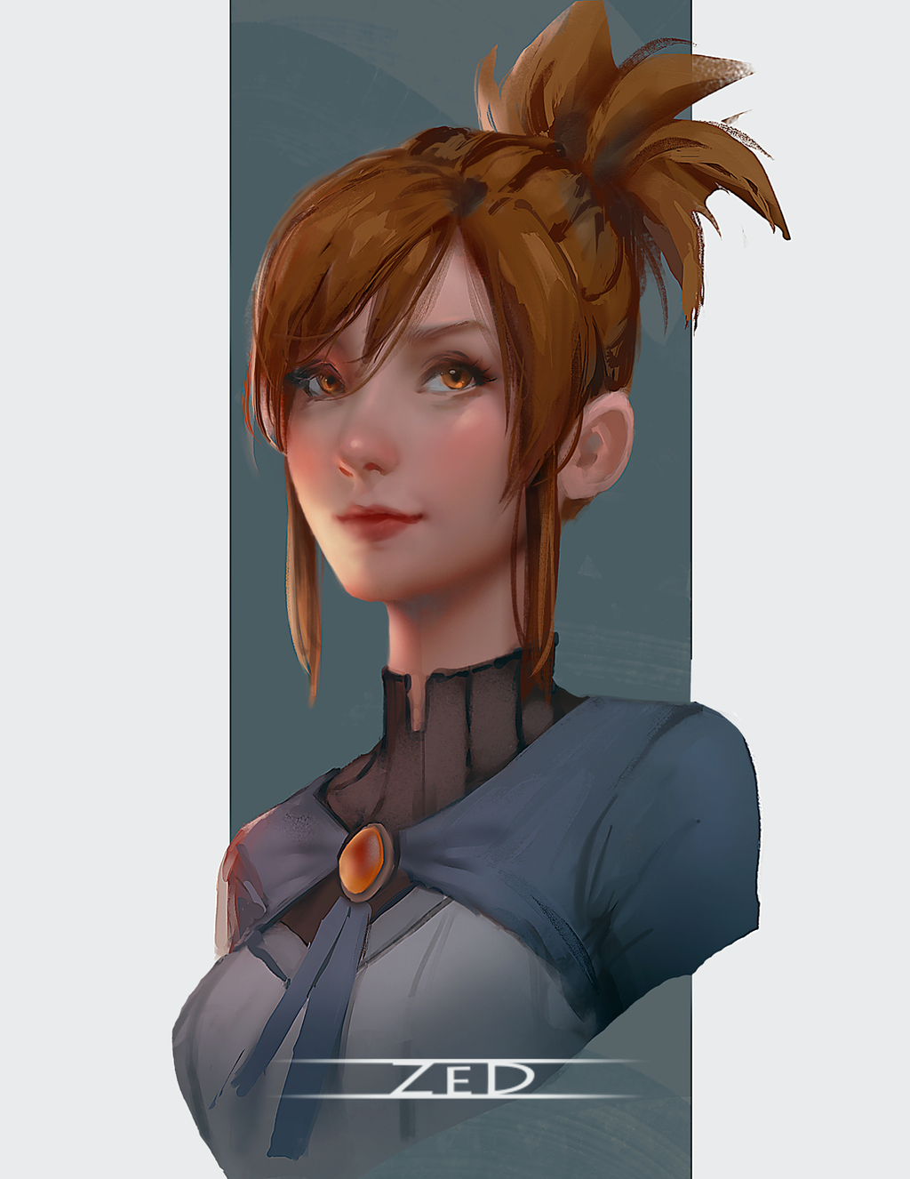 1girl, artist_name, bangs, blue_jacket, border, brown_eyes, brown_hair, closed_mouth