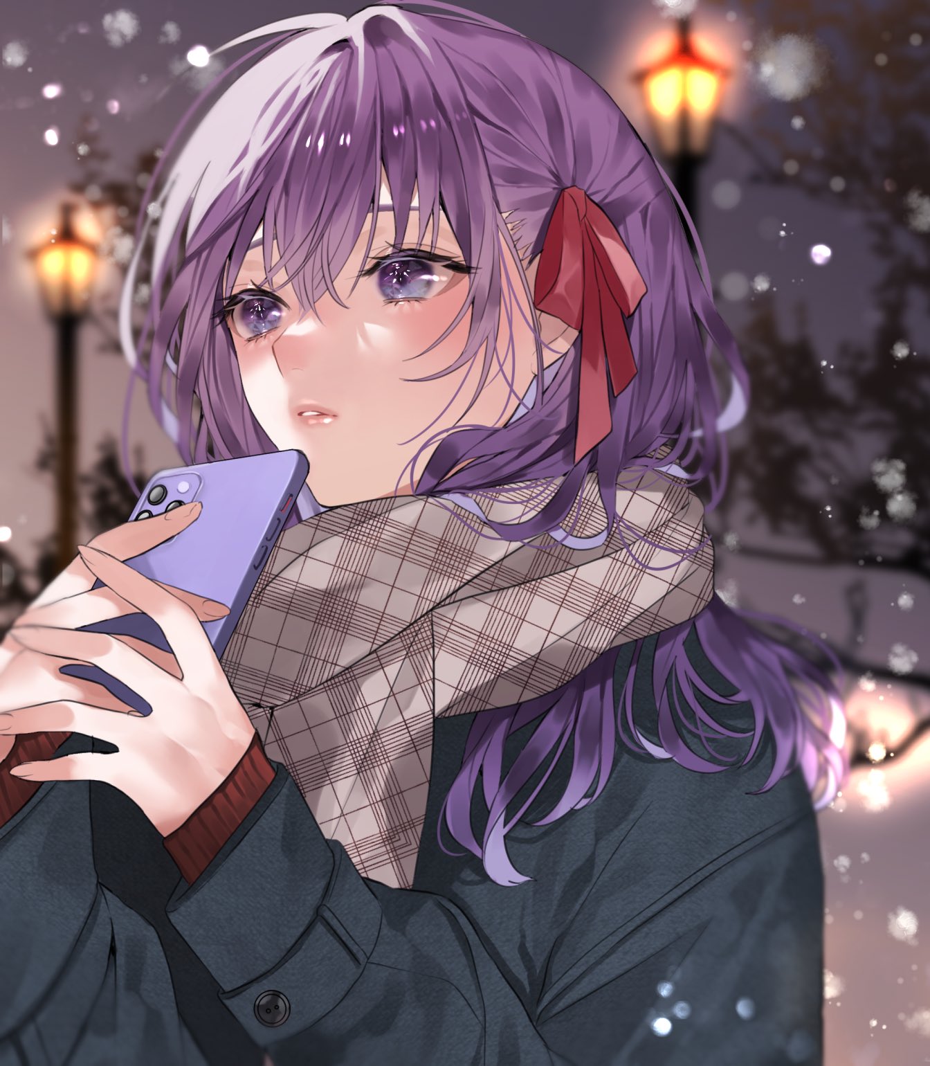 1girl, bangs, black_jacket, blurry, blurry_background, brown_scarf, fate/stay_night, fate_(series)