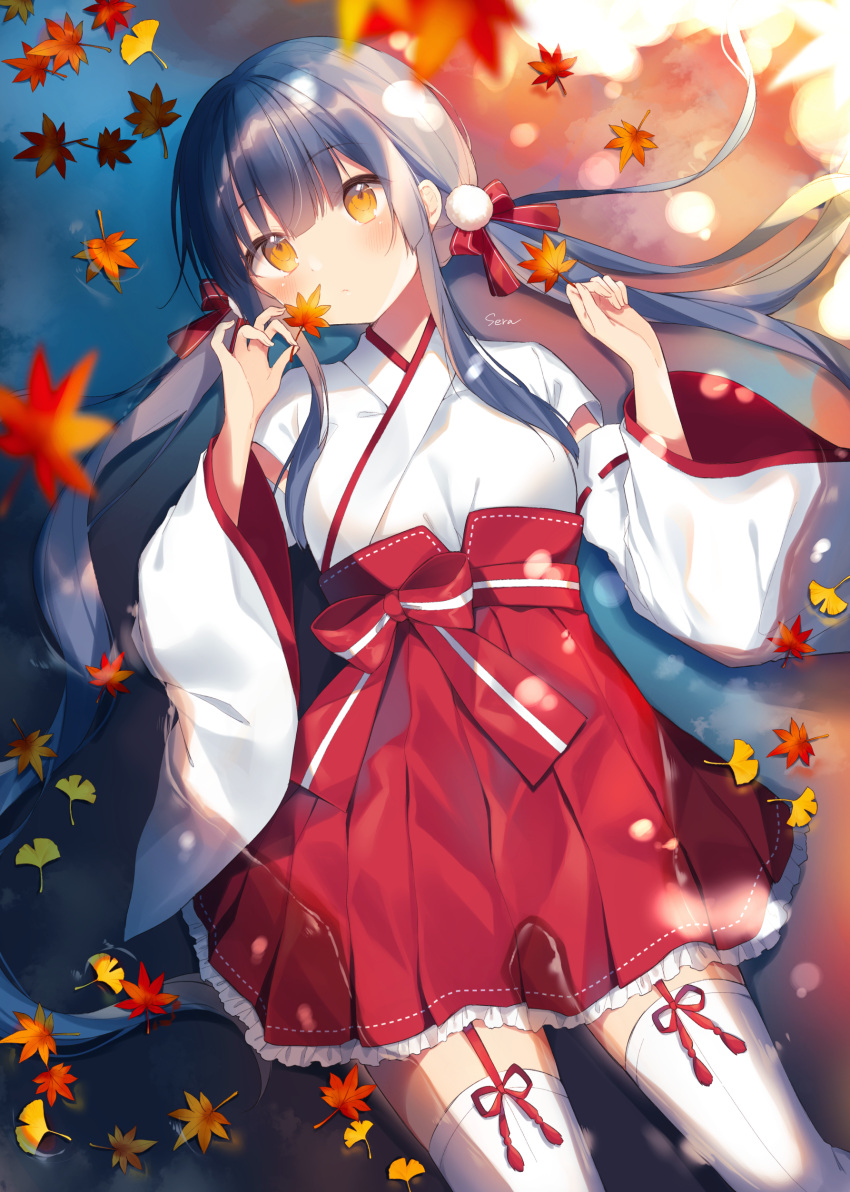 1girl, absurdres, autumn_leaves, bangs, black_hair, blush, bow, brown_eyes