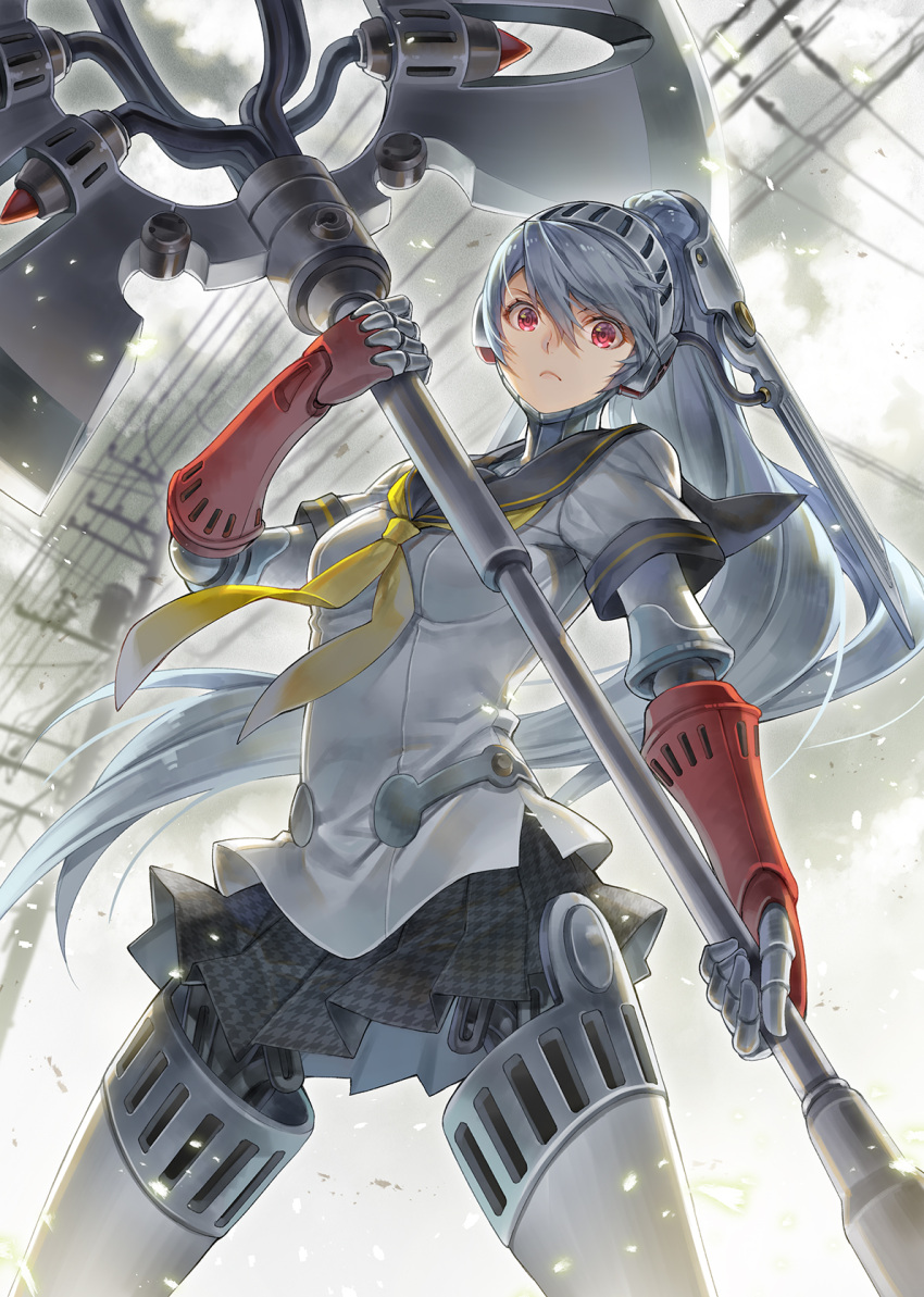 >:(, 1girl, android, bangs, black_sailor_collar, black_skirt, breasts, closed_mouth