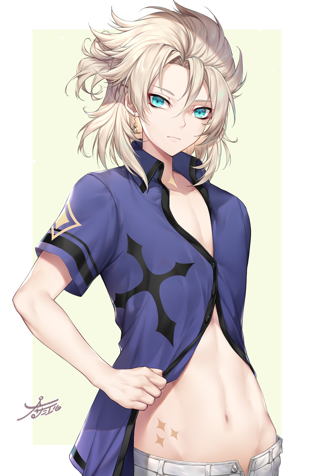 1boy, albedo_(genshin_impact), bangs, belt, blonde_hair, blue_eyes, blue_shirt, closed_mouth