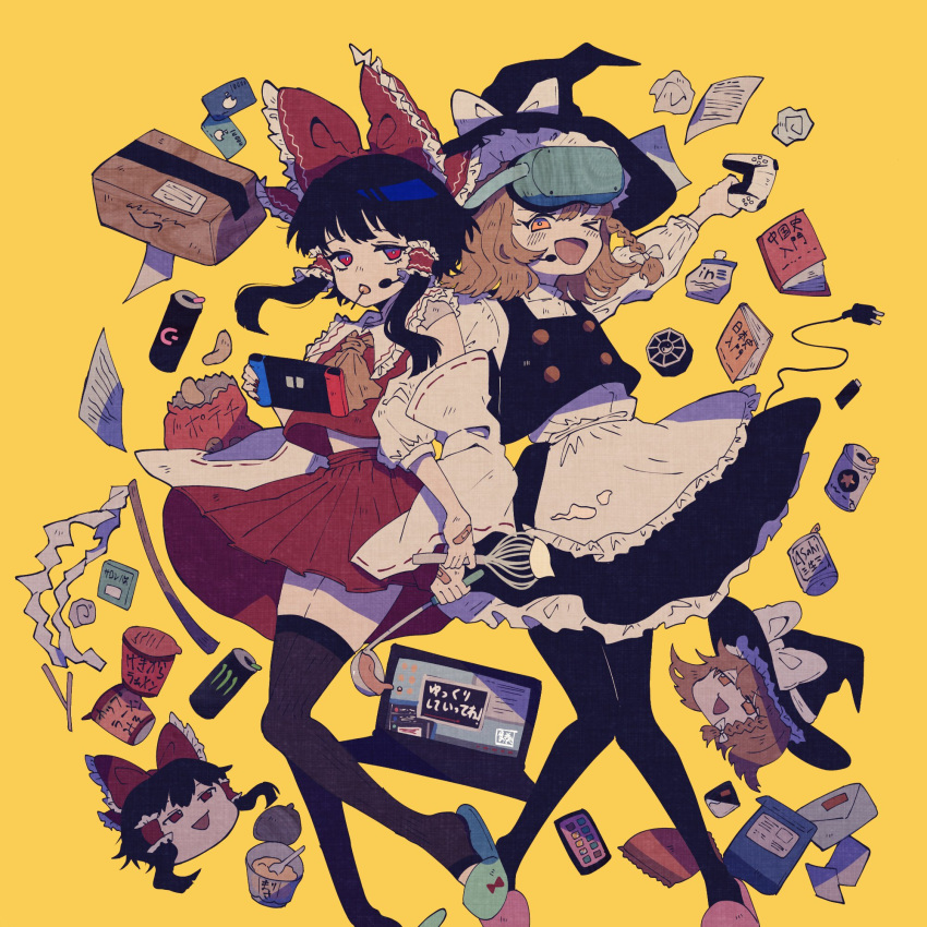 2girls, amazon_(company), apron, ascot, black_dress, black_hair, black_legwear, black_skirt