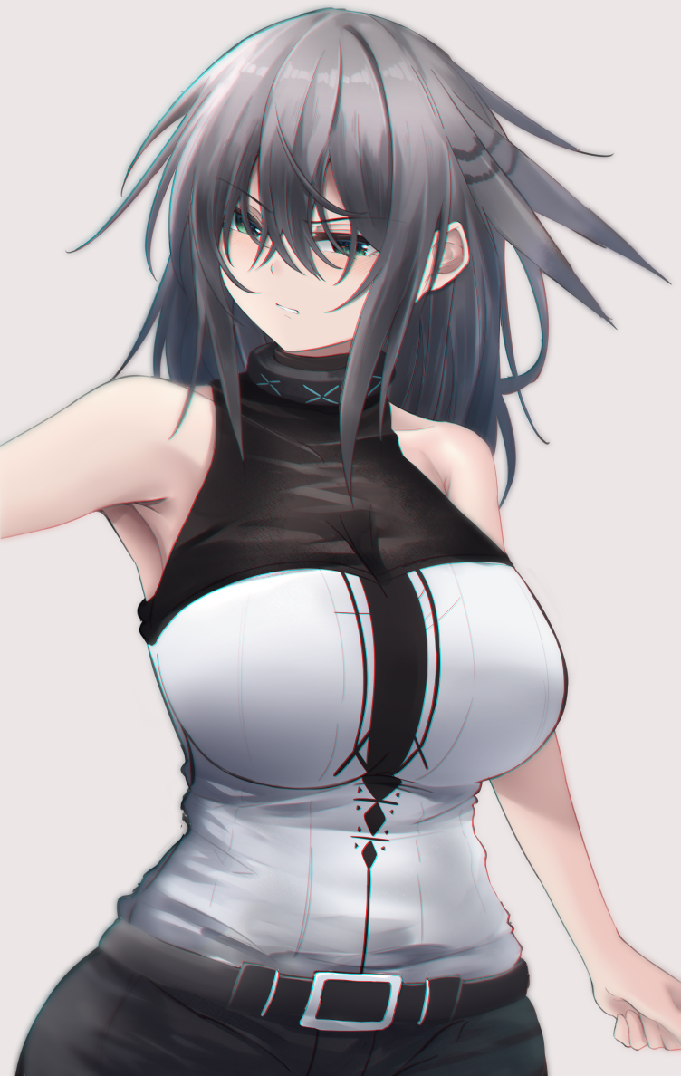 1girl, arknights, bangs, bare_shoulders, belt, black_belt, breasts, commentary