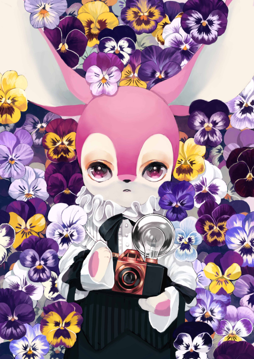 1girl, absurdres, animal_ears, animal_hands, animal_nose, antique_camera, black_ribbon, black_skirt