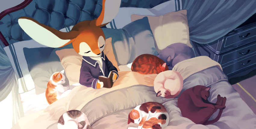 1boy, absurdres, animal_ears, animal_nose, bed, blue_pajamas, blue_shirt, body_fur