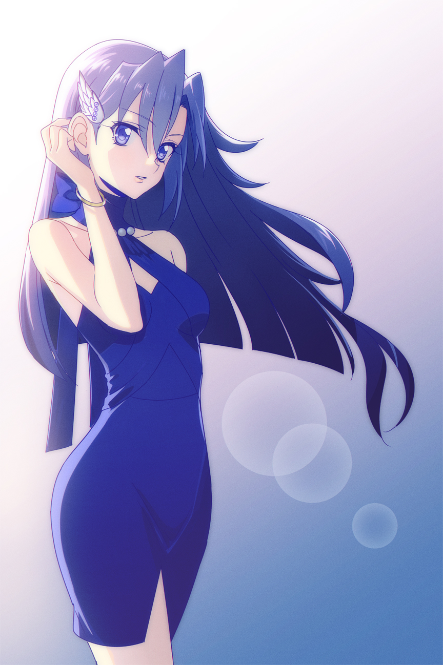 1girl, adjusting_hair, bangs, black_dress, blue_background, blue_eyes, blue_hair, breasts
