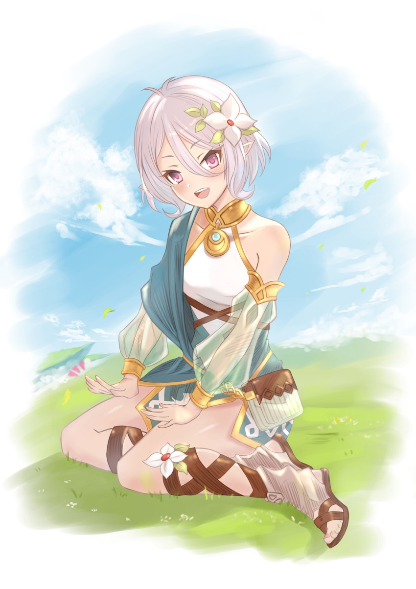 1girl, antenna_hair, bangs, collarbone, detached_sleeves, flower, hair_between_eyes, hair_flower