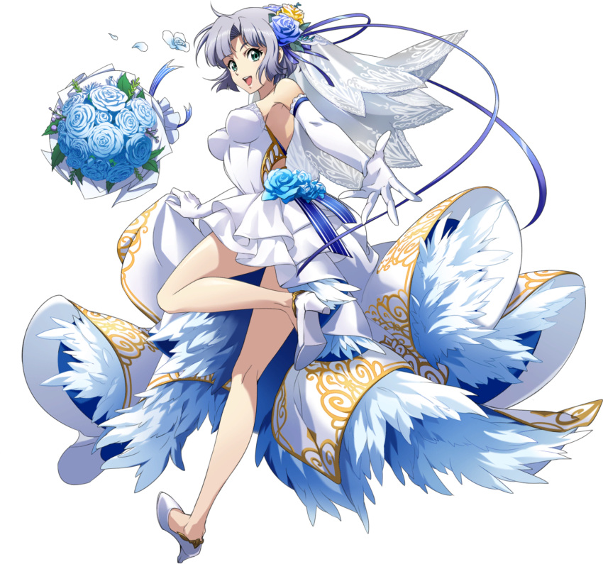 1girl, :d, blue_eyes, blue_flower, blue_ribbon, blue_rose, bouquet, dress