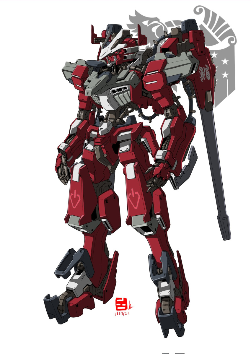 dated, english_commentary, gundam, gundam_tekketsu_no_orphans, highres, looking_ahead, mecha, mobile_suit, no_humans, open_hands, original, pravin_rao_santheran, science_fiction, solo, v-fin, white_background