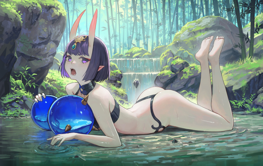 1girl, absurdres, ass, bamboo, bamboo_forest, bare_legs, barefoot, bob_cut