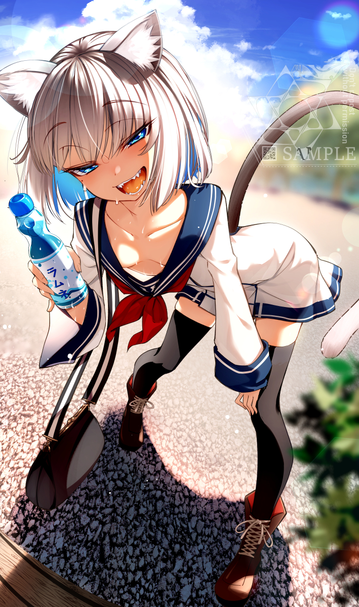 1girl, animal_ear_fluff, animal_ears, bag, bangs, black_legwear, blue_eyes, blunt_bangs