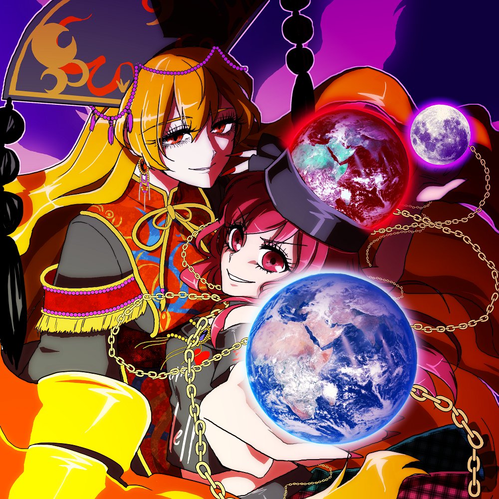 2girls, akami_maguro, bangs, blonde_hair, bow, bowtie, choker, crescent, dress, eyebrows_visible_through_hair, hair_between_eyes, hat, hecatia_lapislazuli, junko_(touhou), light, long_hair, medium_hair, multiple_girls, orange_hair, phoenix_crown, polos_crown, pom_pom_(clothes), red_eyes, redhead, shirt, skirt, t-shirt, tabard, touhou