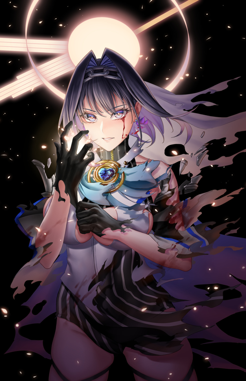 1girl, bangs, bare_shoulders, black_background, black_gloves, black_skirt, blood, blood_from_eyes