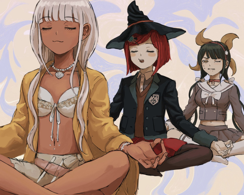 3girls, :3, bangs, black_jacket, blue_background, blunt_bangs, blush_stickers, breasts