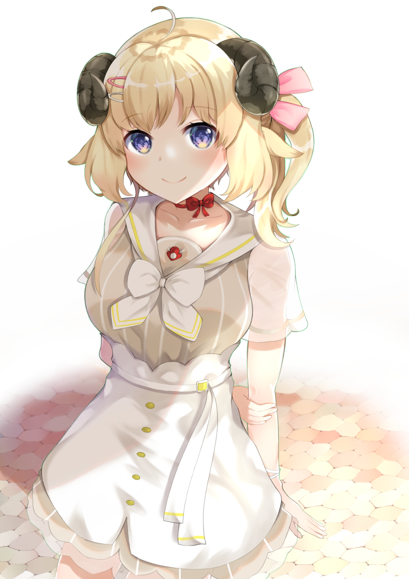 1girl, ahoge, animal_ears, arm_behind_back, bangs, blonde_hair, bow, bowtie, choker, closed_mouth, collarbone, dress, eyebrows_visible_through_hair, hair_ornament, hair_ribbon, hairclip, holding_own_arm, hololive, horns, humime, looking_at_viewer, overskirt, pink_ribbon, red_choker, ribbon, sailor_collar, sheep_ears, sheep_girl, sheep_horns, short_dress, short_hair, short_sleeves, short_twintails, simple_background, smile, solo, standing, striped, striped_dress, tsunomaki_watame, twintails, vertical-striped_dress, vertical_stripes, violet_eyes, virtual_youtuber, white_background, white_bow, white_sailor_collar