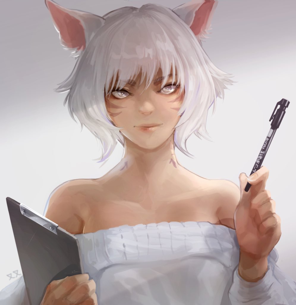 1girl, alexiussana, animal_ears, bangs, cat_ears, clipboard, dark-skinned_female, dark_skin