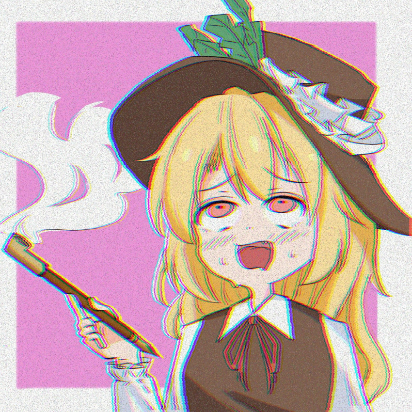 1girl, blonde_hair, blush, breasts, brown_headwear, brown_vest, collared_shirt, extra, eyebrows_visible_through_hair, fang, frilled_hat, frills, hat, hat_feather, highres, holding, holding_pipe, jacket_girl_(dipp), kiseru, long_hair, long_sleeves, open_mouth, pipe, red_eyes, red_neckwear, red_ribbon, ribbon, shirt, small_breasts, smoke, sweatdrop, tasuku_(tusktouhou4), touhou, upper_body, vest, white_shirt