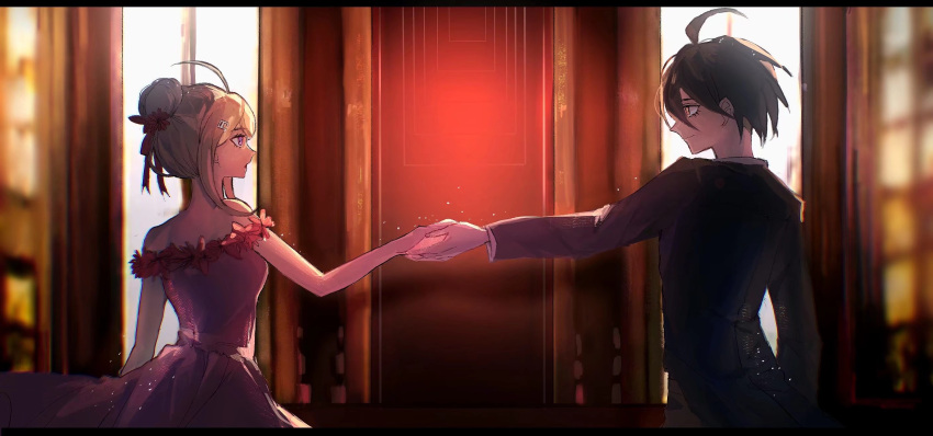 1boy, 1girl, ahoge, akamatsu_kaede, bangs, bare_arms, bare_shoulders, black_jacket, blurry, blurry_background, brown_eyes, brown_hair, cowboy_shot, danganronpa_(series), danganronpa_v3:_killing_harmony, dress, flower, formal, hair_between_eyes, hair_ribbon, highres, holding_hands, jacket, letterboxed, long_sleeves, off-shoulder_dress, off_shoulder, pink_dress, profile, red_flower, red_ribbon, ribbon, saihara_shuuichi, shi_xu_jiu_zhou, short_hair, sidelocks