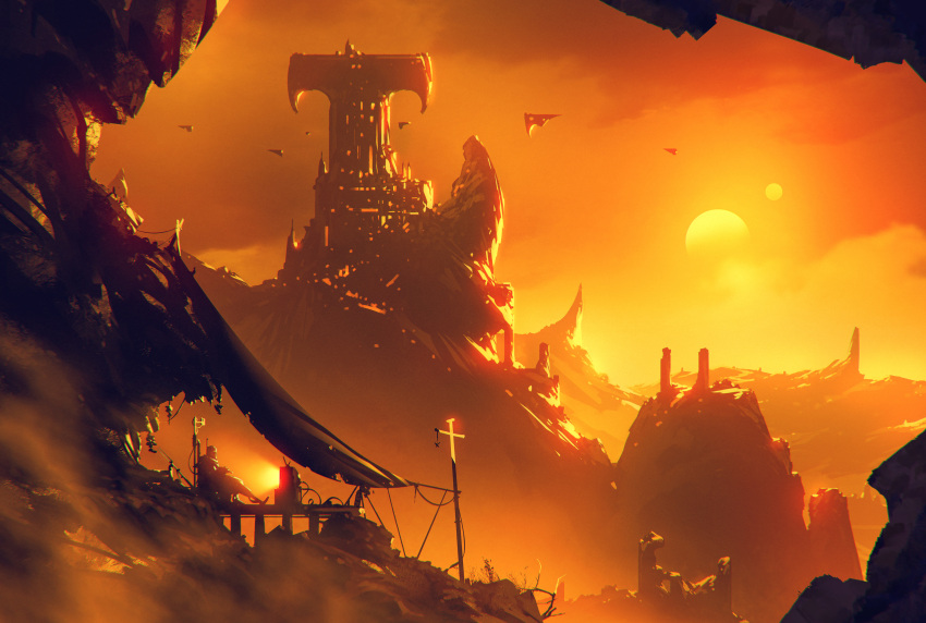 1other, absurdres, ambiguous_gender, blurry, blurry_foreground, bounty_hunter_(star_wars), building, cape, flying, from_side, helm, helmet, highres, kalmahul, mandalorian, orange_sky, outdoors, ruins, science_fiction, sky, space_craft, star_wars, sun, television