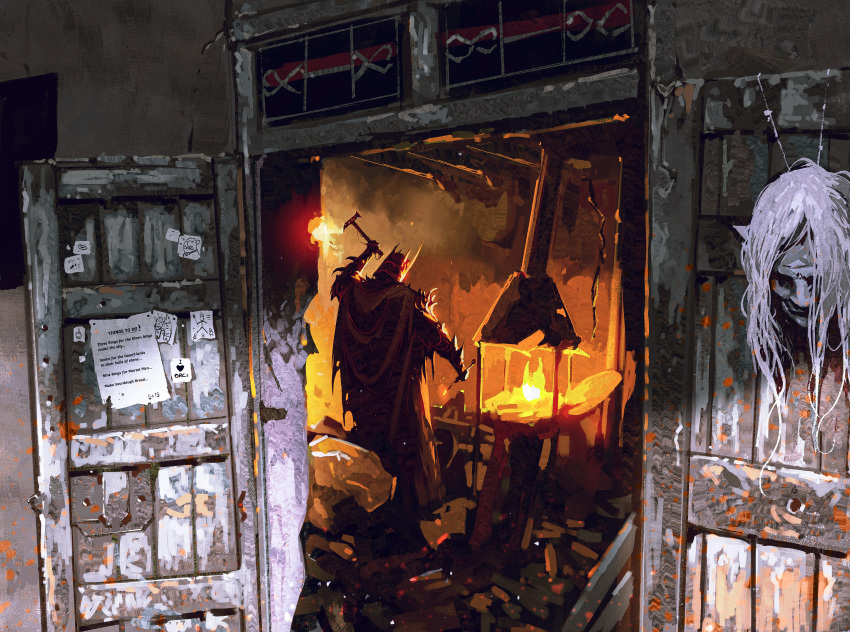 1boy, absurdres, alternate_universe, arm_up, armor, blacksmith, cape, dismemberment