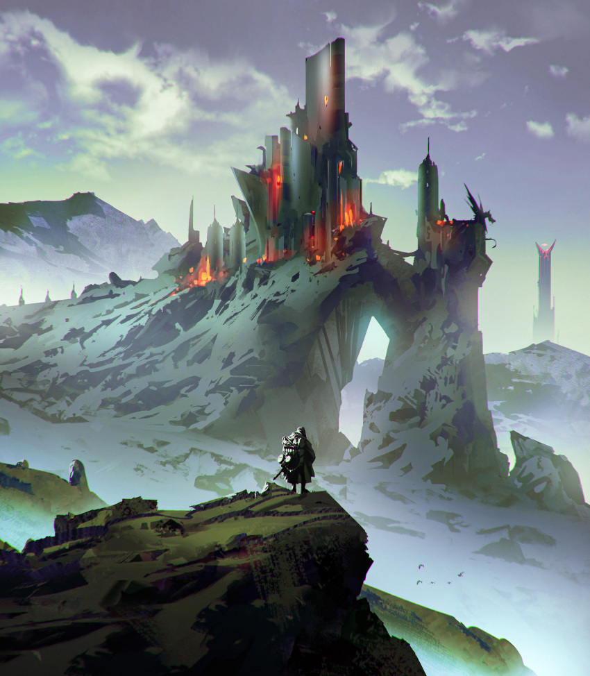1boy, absurdres, backpack, bag, barad-dur, cape, cirith_ungol, day, dragon, facing_away, fire, fog, from_behind, glowing, highres, kalmahul, legendarium, male_focus, mountain, samwise_gamgee, snow, standing, the_lord_of_the_rings
