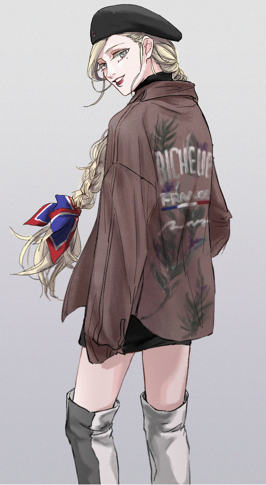 absurdres, alternate_costume, beret, blonde_hair, boots, bow, braid, braided_ponytail