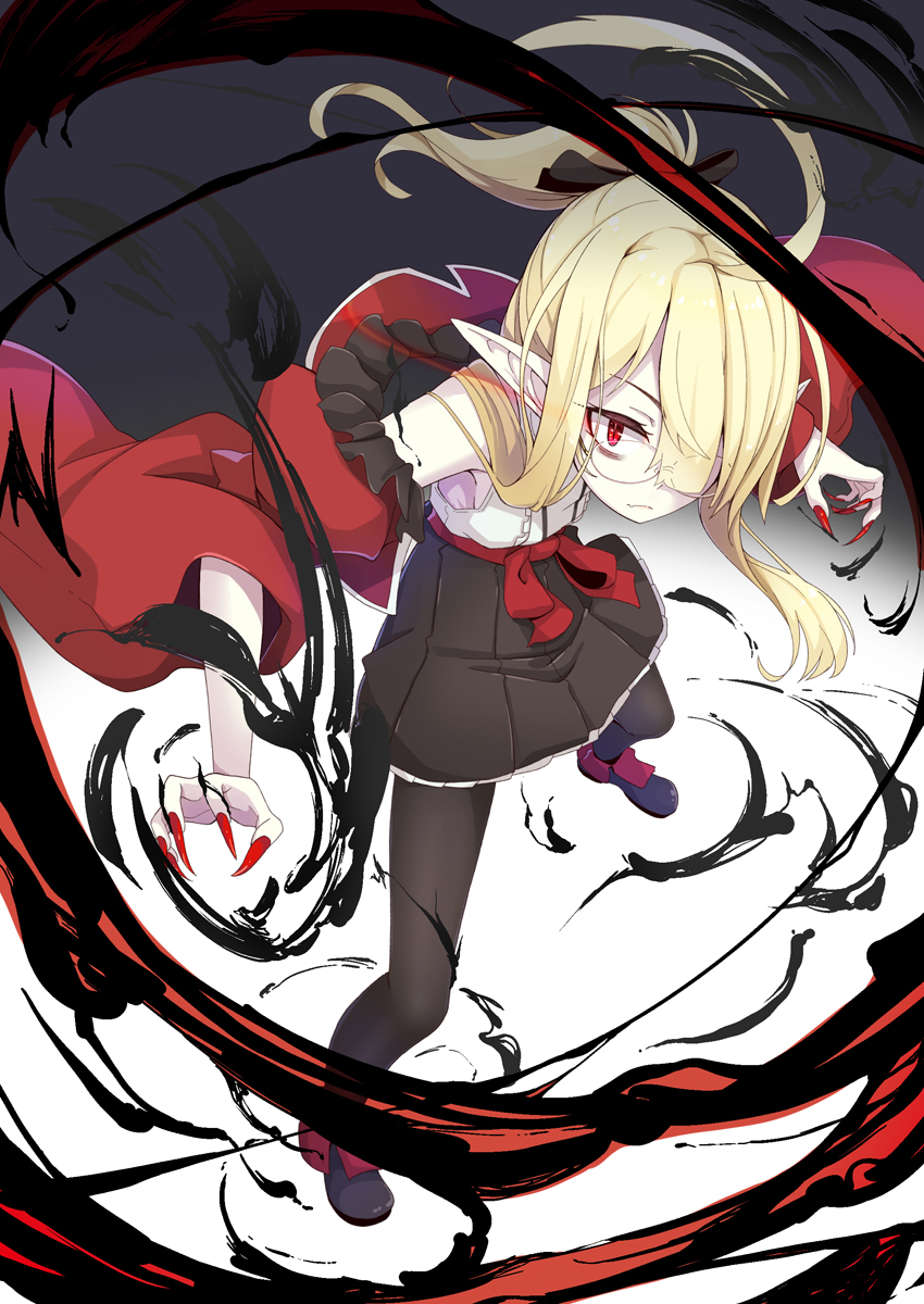 1girl, ahoge, airi_(ogami_kazuki), bags_under_eyes, billowing_cape, black_legwear, black_ribbon, black_skirt, blonde_hair, breasts, darkness, eye_trail, fingernails, full_body, glasses, hair_over_one_eye, hair_ribbon, highres, long_fingernails, magic, ogami_kazuki, original, pantyhose, pointy_ears, red_eyes, ribbon, sharp_fingernails, skirt, small_breasts, solo, standing, vampire