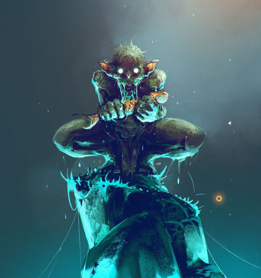 1boy, absurdres, animal, creature, fish, glowing, glowing_eyes, gollum