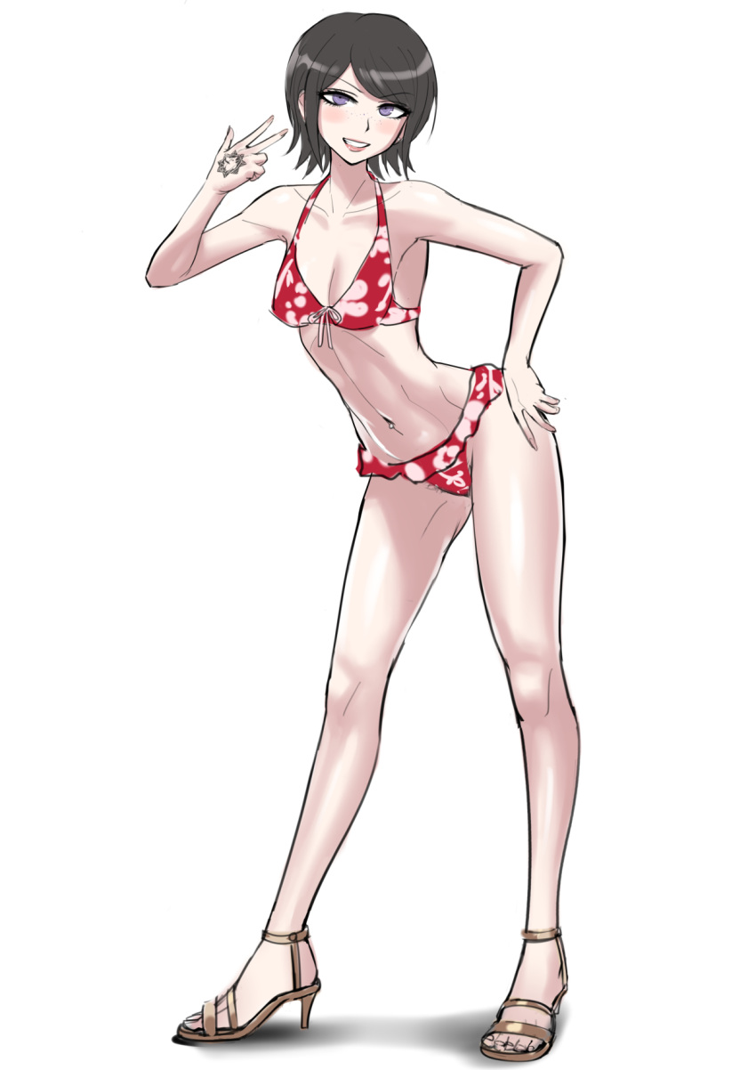 akisora, alternate_costume, bare_arms, bare_legs, bare_shoulders, bikini, blush, breasts, brown_hair, collarbone, danganronpa:_trigger_happy_havoc, danganronpa_(series), full_body, grey_background, grin, hand_on_hip, hand_tattoo, hand_up, high_heels, highres, ikusaba_mukuro, legs_apart, medium_breasts, navel, red_bikini, shiny, shiny_hair, shiny_skin, short_hair, simple_background, smile, standing, stomach, swimsuit, teeth, violet_eyes, w