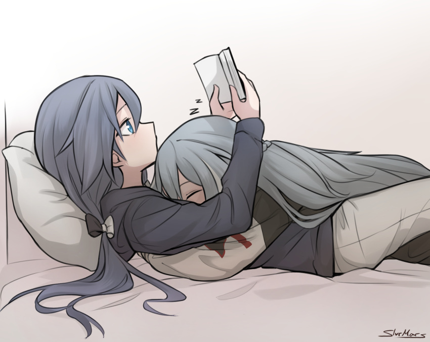 2girls, artist_name, blue_eyes, book, bow, character_request, check_character, closed_eyes