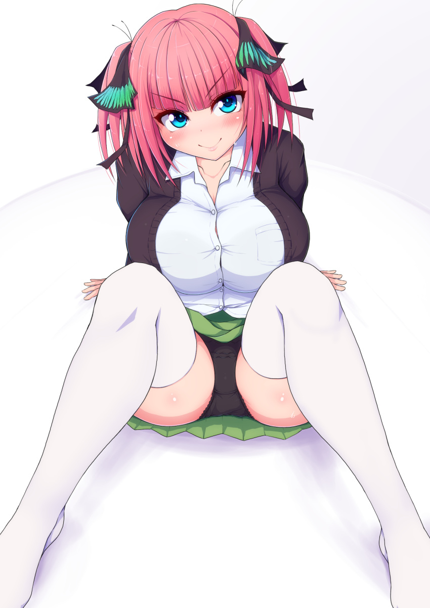 arms_behind_back, ass, bangs, black_cardigan, black_panties, black_ribbon, blue_eyes, blunt_bangs