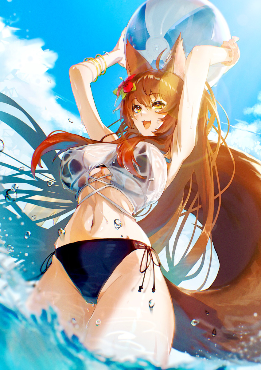 1girl, :3, animal_ears, armpits, ball, bangs, beachball, bikini