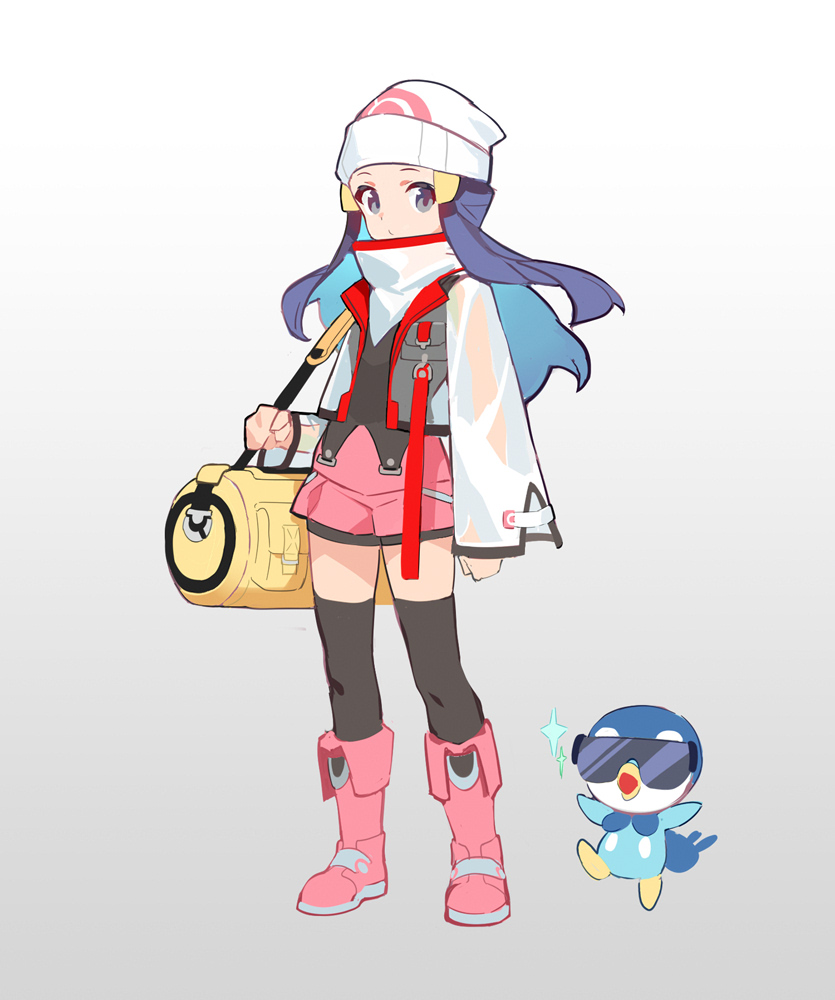 1girl, adapted_costume, bag, beanie, black_hair, boots, closed_mouth, commentary_request