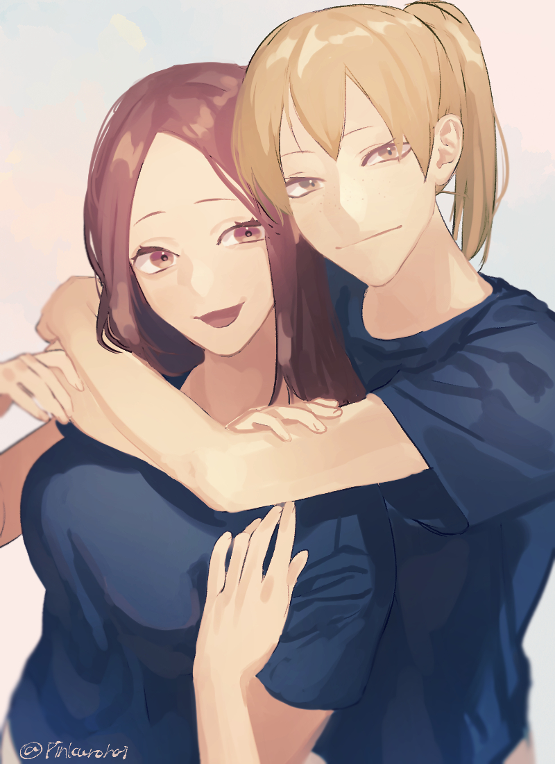 2girls, arms_around_neck, blue_shirt, brown_eyes, brown_hair, closed_mouth, freckles, haikyuu!!