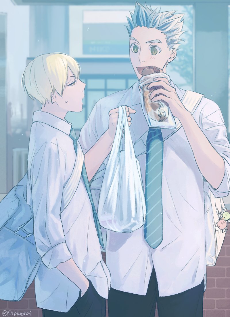2boys, :d, bag, black_pants, blonde_hair, bokuto_koutarou, commentary_request, food