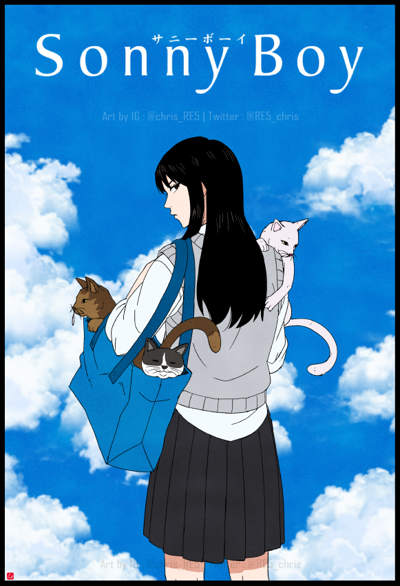 1girl, animal, artist_logo, bag, black_border, black_eyes, black_hair, black_skirt