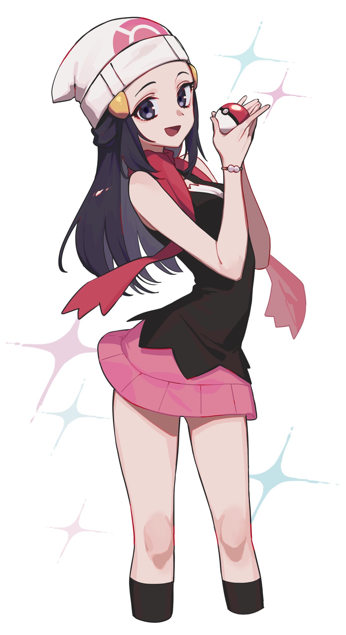 1girl, beanie, black_legwear, black_shirt, bracelet, commentary, eyelashes, grey_eyes, hands_up, hat, highres, hikari_(pokemon), holding, holding_poke_ball, itou_(very_ito), jewelry, kneehighs, knees, open_mouth, own_hands_together, pink_skirt, poke_ball, poke_ball_(basic), pokemon, pokemon_(game), pokemon_dppt, red_scarf, scarf, shirt, skirt, sleeveless, sleeveless_shirt, smile, solo, sparkle, tongue, white_background, white_headwear