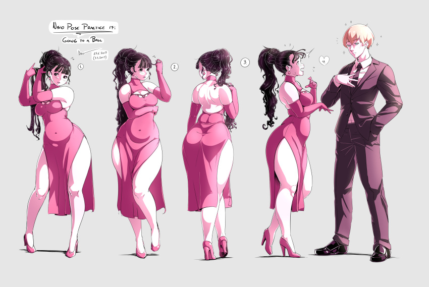 1boy, 1girl, bare_shoulders, black_footwear, black_hair, center_opening, covered_navel, earrings