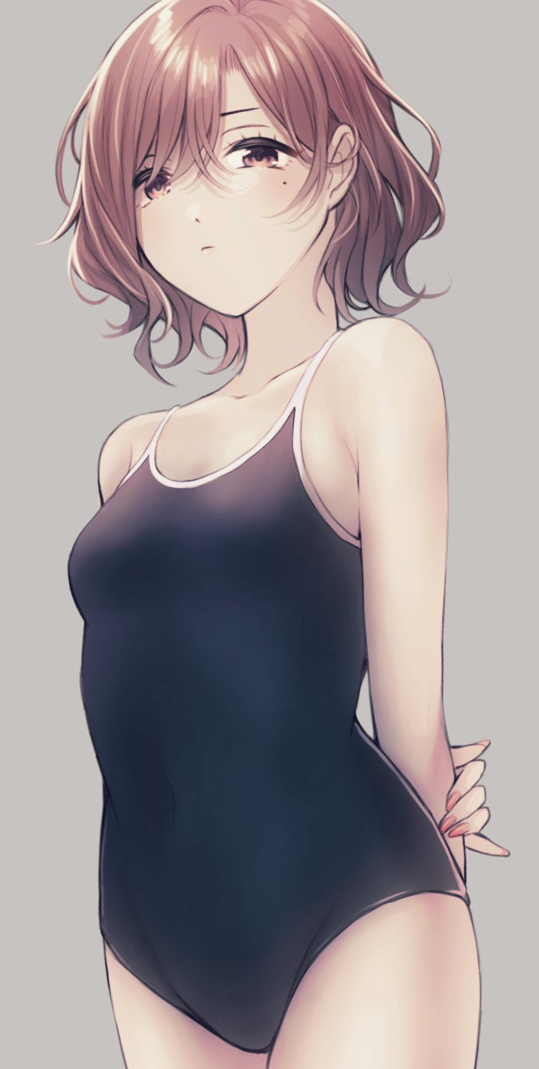 ae_iueo, arms_behind_back, belly, breasts, brown_eyes, brown_hair, collarbone, crotch