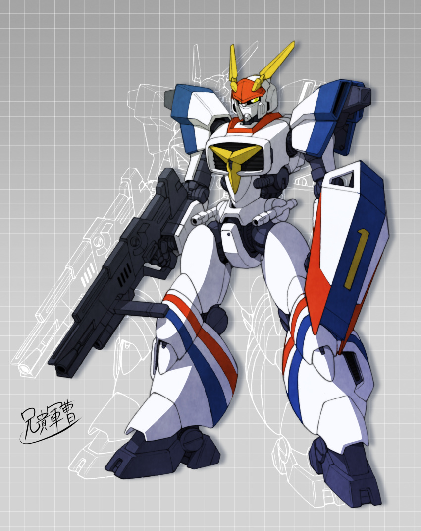 aniki_gunsou, d-1, grid_background, gun, highres, holding, holding_gun, holding_shield