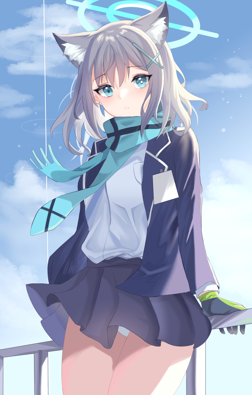1girl, absurdres, animal_ears, black_skirt, blazer, blue_archive, blue_eyes, blue_jacket