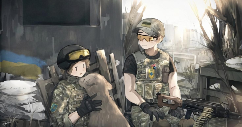 1boy, 1girl, ammunition, ammunition_belt, azov_battalion, building, dog, goggles, goggles_on_head, gun, hair_bun, hat, helmet, machine_gun, military, military_uniform, msc_nm, original, pk_machine_gun, sandbag, short_hair, short_sleeves, smile, sunlight, ukrainian_flag, uniform, weapon