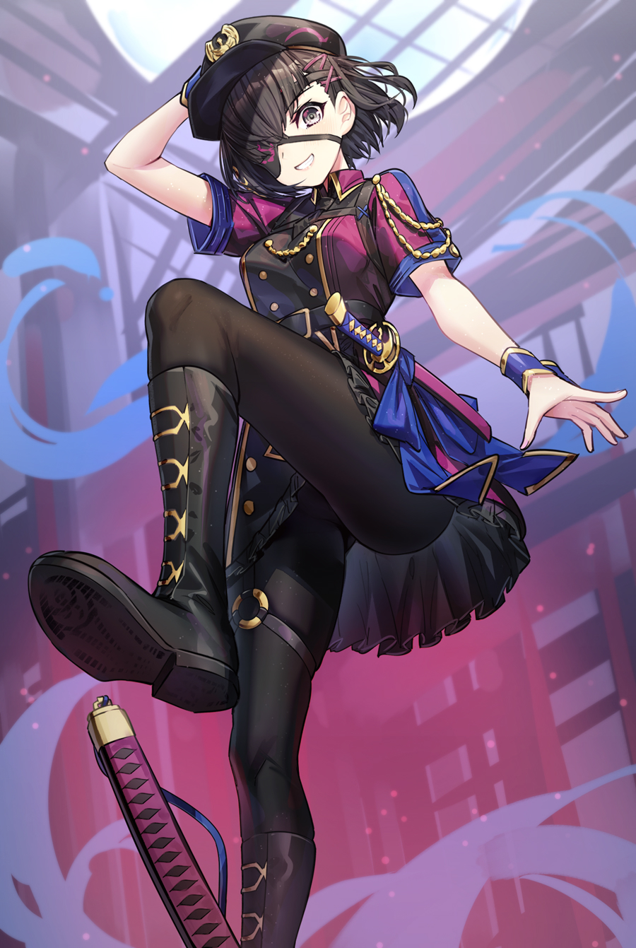 1girl, arm_up, bangs, black_dress, black_footwear, black_hair, black_headwear, black_legwear, boots, breasts, collared_dress, commentary_request, cross-laced_footwear, dress, eyebrows_visible_through_hair, eyepatch, fate/grand_order, fate_(series), frilled_dress, frills, grey_hair, grin, hair_ornament, hairclip, hat, highres, indoors, katana, lace-up_boots, looking_at_viewer, medium_breasts, mysterious_ranmaru_x_(fate), pantyhose, peaked_cap, ririko_(zhuoyandesailaer), sheath, sheathed, shoe_soles, short_sleeves, smile, solo, standing, standing_on_one_leg, sword, weapon, x_hair_ornament