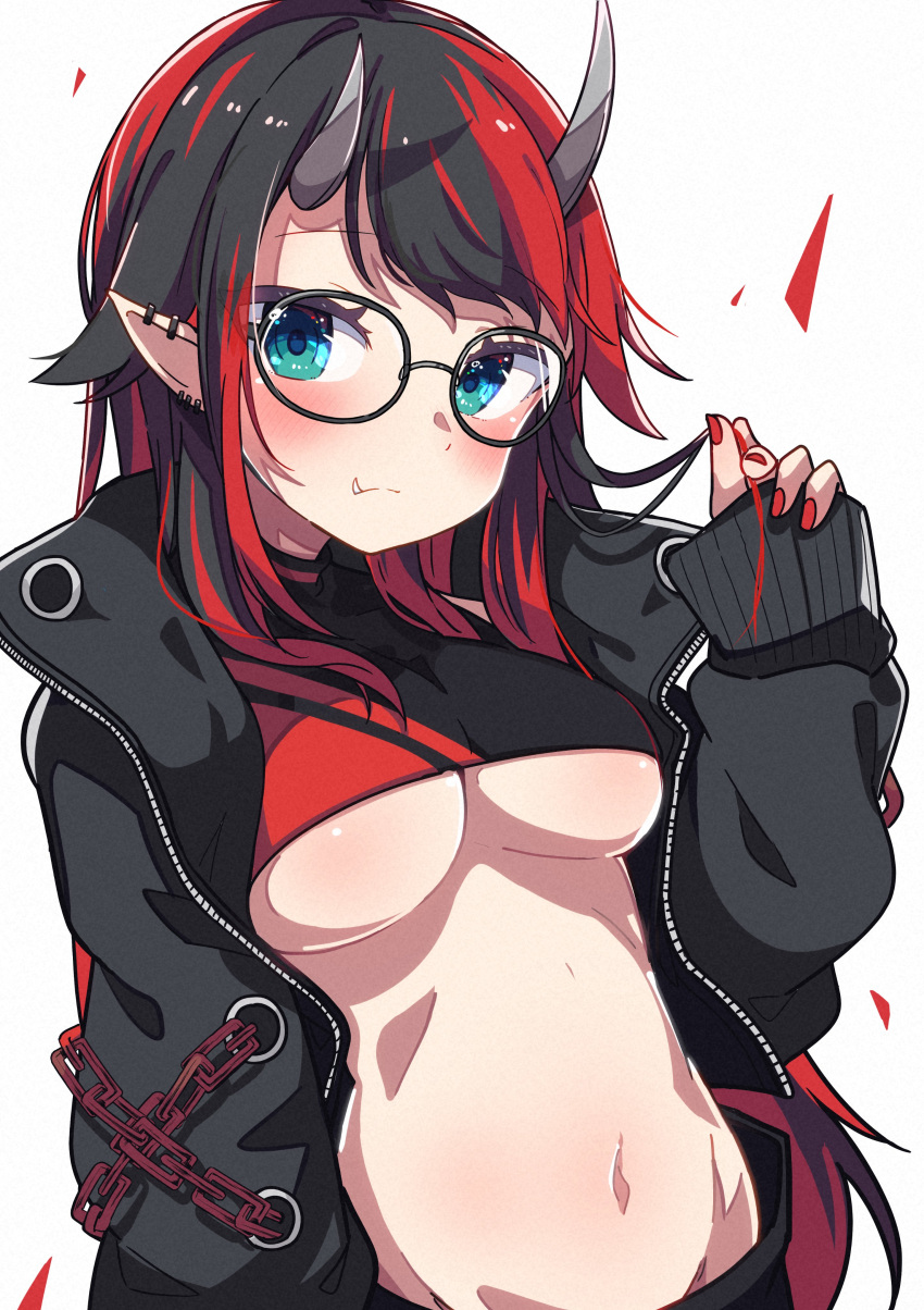 1girl, absurdres, bangs, bespectacled, black-framed_eyewear, black_hair, black_jacket, black_shirt