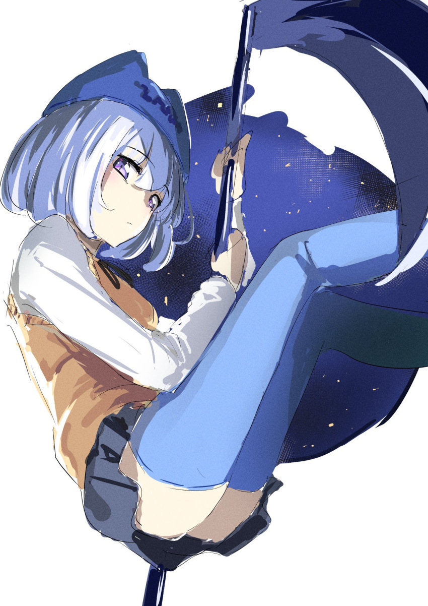 1girl, athena_(campione!), bangs, blue_hair, blue_legwear, campione!, eyebrows_behind_hair, eyebrows_visible_through_hair, from_side, grey_eyes, hat, highres, holding, holding_sickle, holding_weapon, looking_at_viewer, manno_(kanpi2100), ribbon, school_uniform, shirt, short_hair, sickle, silver_hair, solo, thigh-highs, vest, vest_over_shirt, weapon
