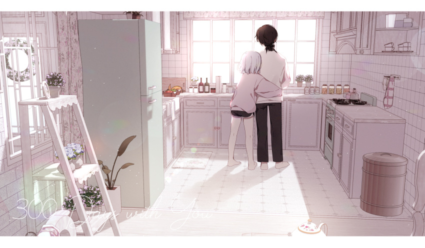 barefoot, black_bow, black_hair, black_pants, black_shorts, bottle, bow, bowl
