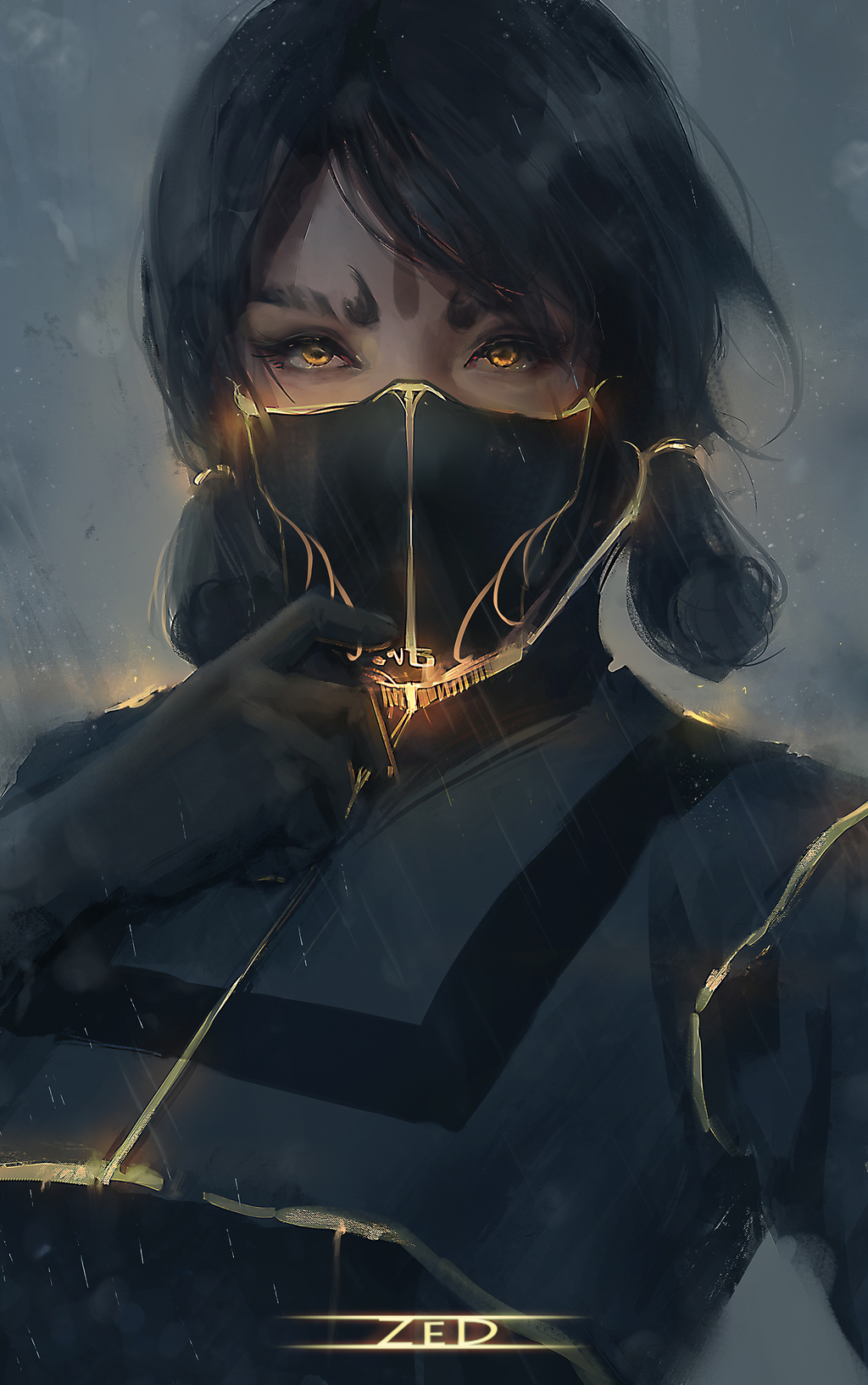 1girl, artist_name, bangs, black_gloves, black_hair, black_mask, bodysuit, closed_mouth