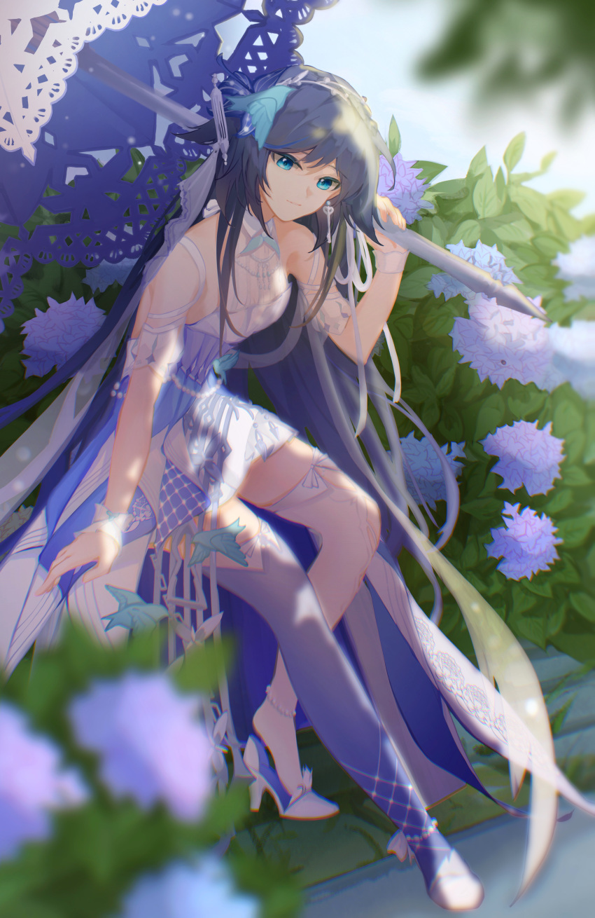 1girl, absurdres, akashin, asymmetrical_legwear, bangs, black_hair, blue_eyes, blue_legwear, blurry, blurry_foreground, bride, closed_mouth, dress, flower, fu_hua, fu_hua_(azure_empyrea), high_heels, highres, holding, holding_umbrella, honkai_(series), honkai_impact_3rd, leaf, long_hair, mismatched_legwear, purple_flower, sitting, sleeveless, sleeveless_dress, smile, solo, umbrella, wedding, wedding_dress, white_dress, white_footwear, white_legwear