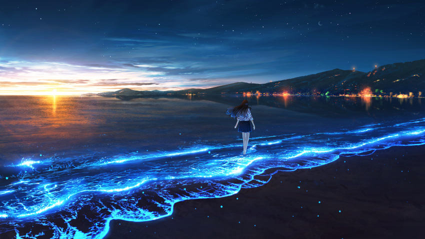 1girl, absurdres, black_hair, blue_skirt, building, city_lights, clouds, commentary_request