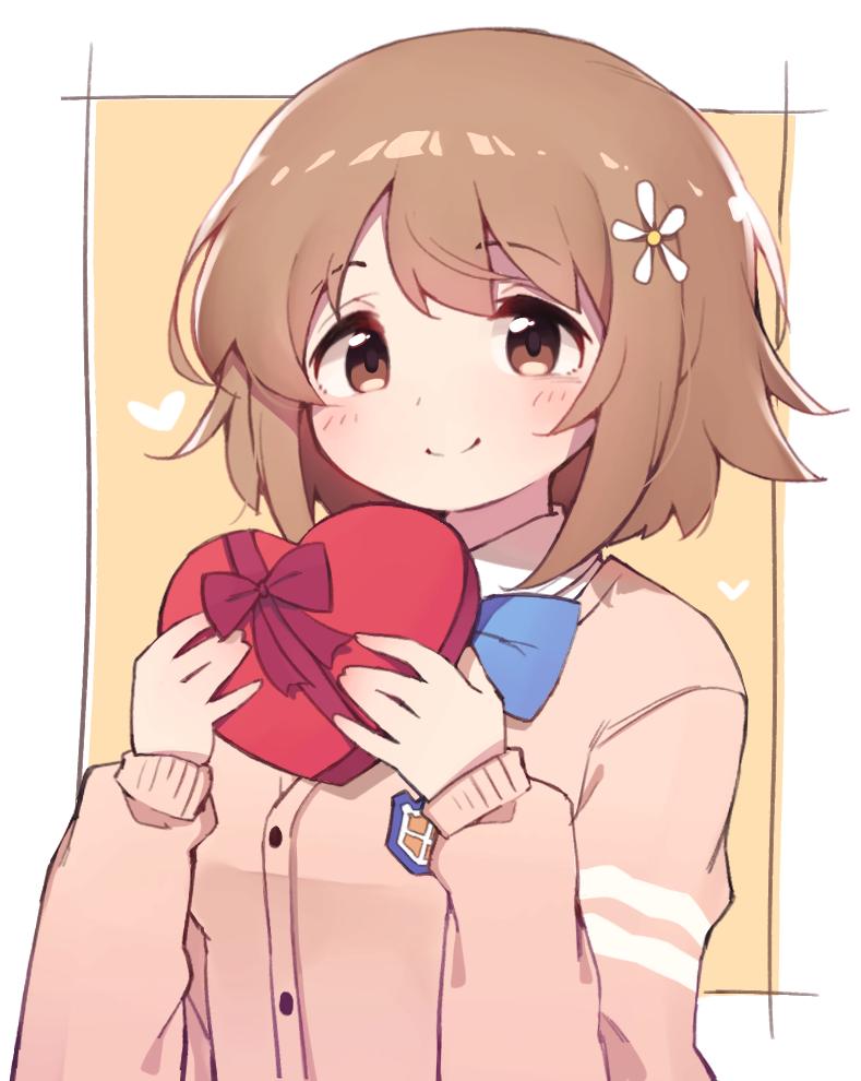 1girl, bangs, blue_bow, blue_bowtie, blush, bow, bowtie, box